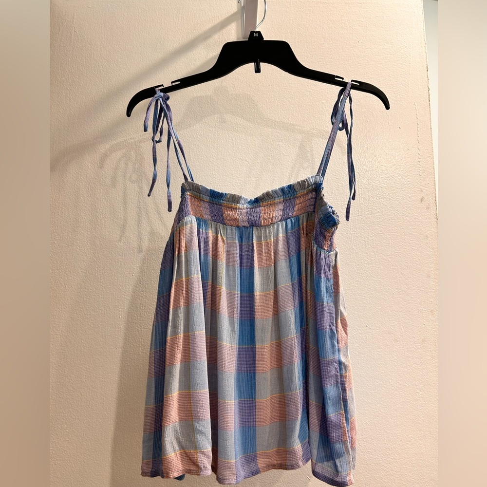 Loft Blouse Med. Petite Blue Pink Square Neck Sleeveless Tank Plaid Boho